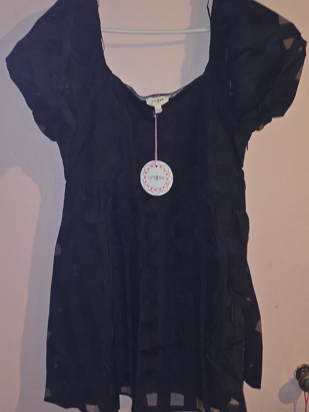 NWT Umgee Black Checkered Puff Sleeve Babydoll Mini Dress Lined - Size Large